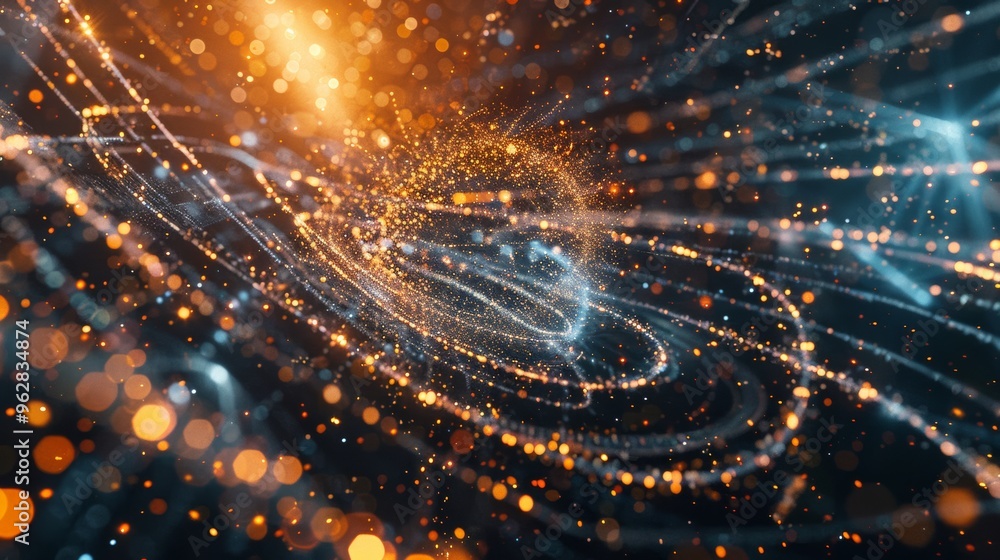 Poster photo of digital particle explosion on abstract technology background. quantum core, computer networ