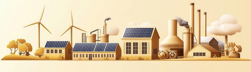 Obraz premium Detailed view of a factory integrating renewable energy sources, vintage industrial style, sepia tones, solar panels, wind turbines, steam-powered machines in harmony