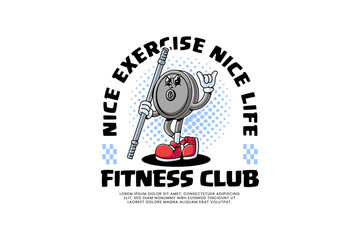 power bar fitness gym retro cartoon character mascot illustration with standing pose, holding pole and showing peace hand for  fitness gym bodybuilding weightlifting sport club mascots and merchandise
