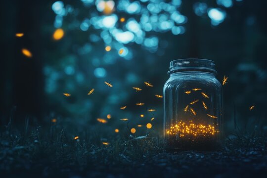 fireflies escaping from a glass jar into the night