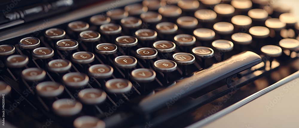 Poster close up of a vintage typewriter keyboard with keys in focus.