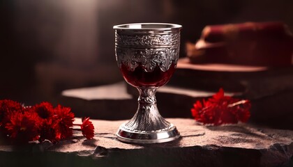 A silver chalice filled with dark red liquid, placed on an ancient stone altar