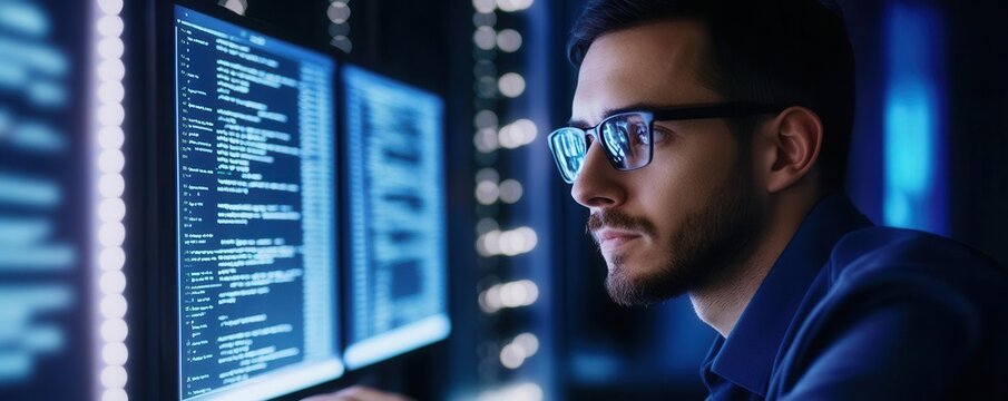 IT professional reviewing security policies on a corporate network, discussing with team members, cybersecurity planning, network protection