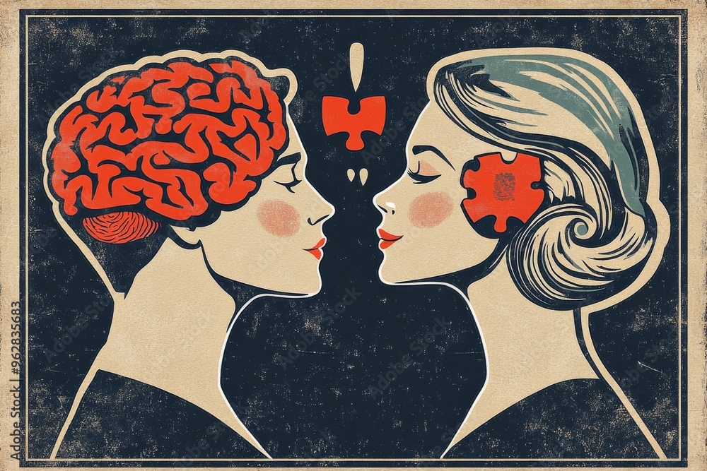 Poster synaptic regeneration neural integration vintage style illustration of two women facing each other w