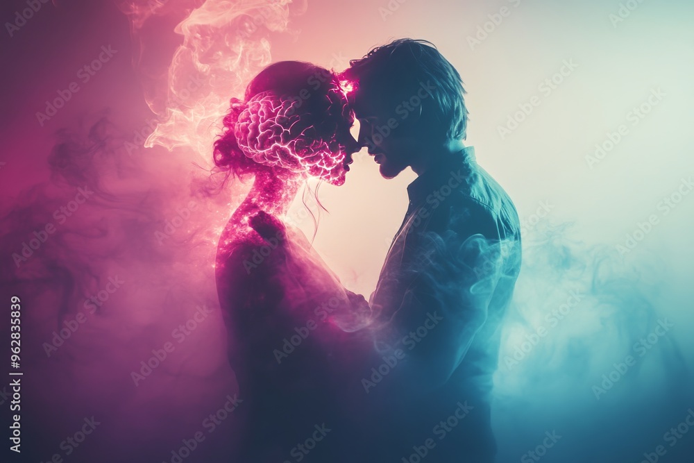 Poster cognitive longevity enhancement neural integration romantic image of a couple embracing with glowing