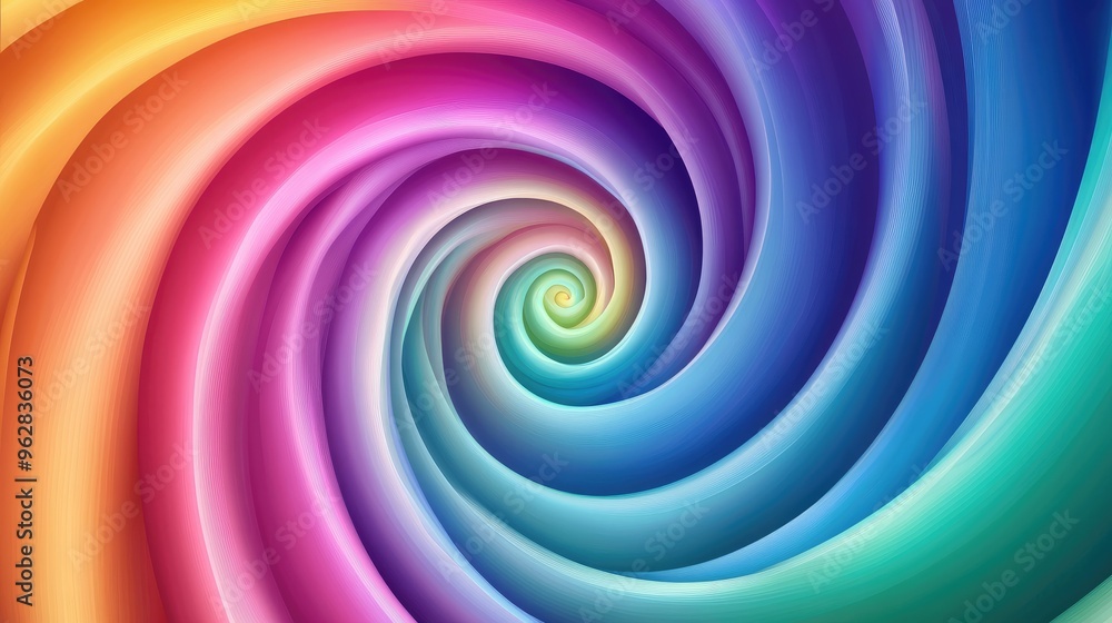 Poster abstract rainbow spiral circle, rendered in soft gradients and vibrant hues, creating a dreamlike at