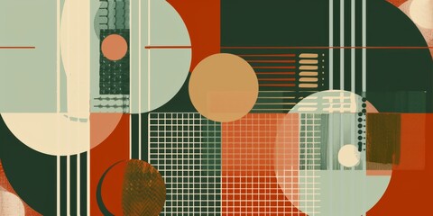 Obraz premium Abstract background in Bauhaus artistic style, combining yellow, sage green and reddish colors with symmetrical shapes and clean lines