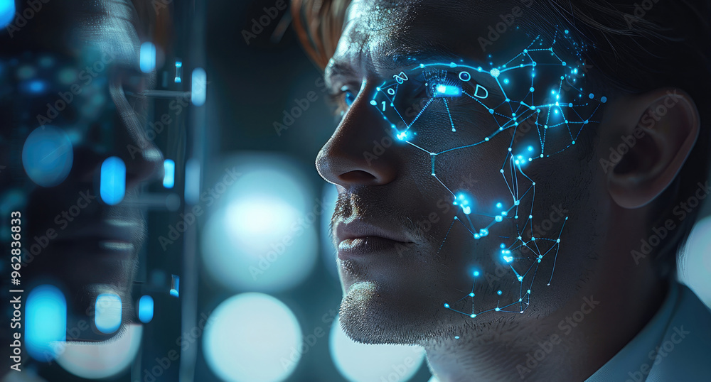 Poster a doctor who is half human and half hologram. intended to draw emotional attention to the connection
