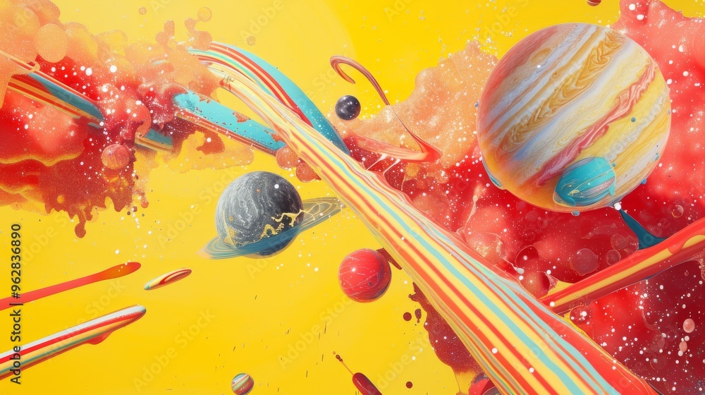 Aufkleber an abstract space scene featuring a dynamic composition of colorful planets and flowing lines set ag
