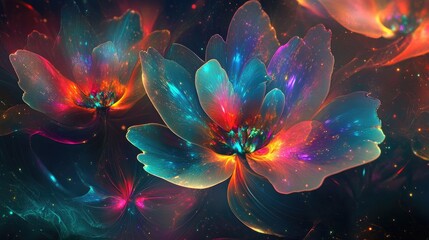 Obraz premium Dreamlike abstract flowers with vibrant rainbow hues and luminous petal shapes, glowing ethereally against a dark background