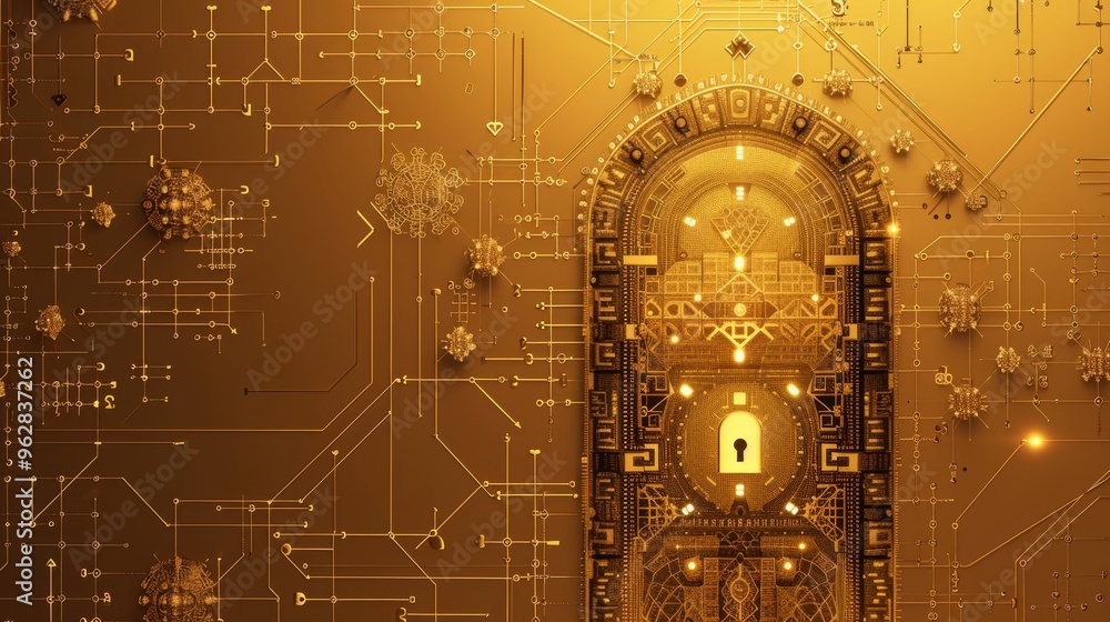 Poster an image showcasing a golden keyhole set against a digital circuit board background. the intricate d