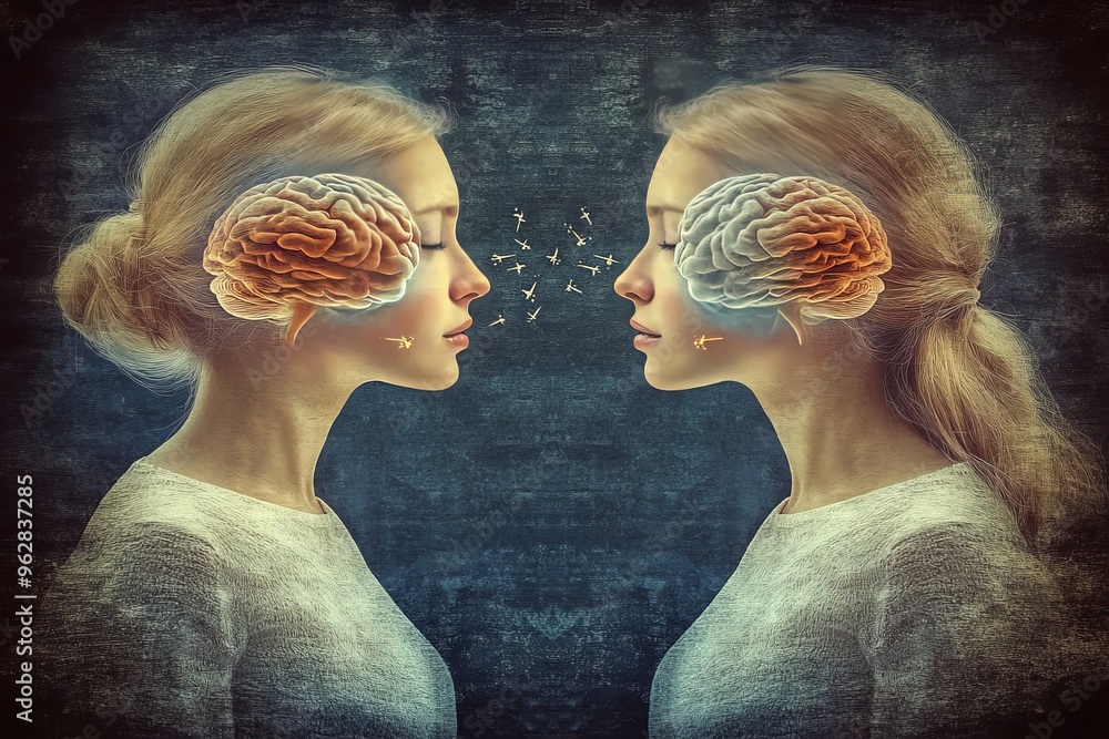 Poster neurotech neural integration vintage style illustration of two women facing each other with illumina