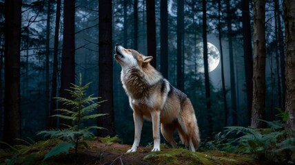 Wolf howling at moonlight in magical forest 