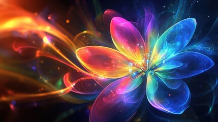 Obraz premium Dreamlike glowing rainbow-hued flower blooms, luminous petals radiating soft light effects on a dark abstract background