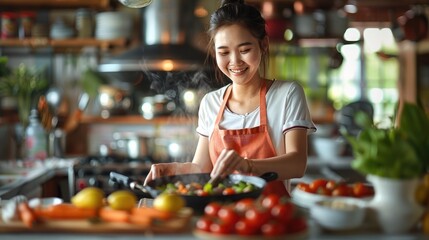 A happy Asian mom cooking at the modern kitchen, making food. Generative AI.