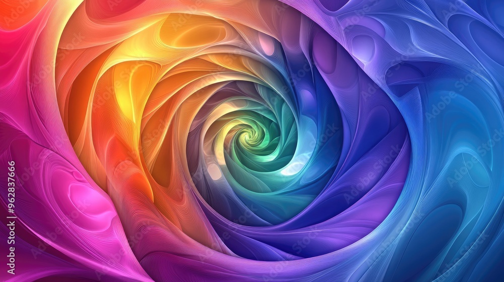 Poster dreamlike spiral rainbow circle in vector style, featuring soft, abstract patterns and vibrant color