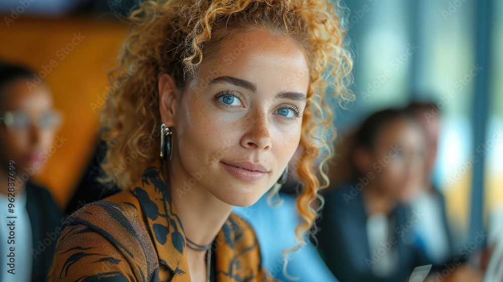 Poster portrait of a woman in a meeting with a team of diverse professionals at the negotiation table. gene