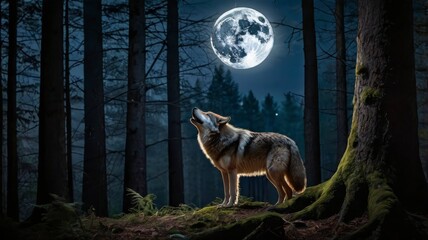 Wolf howling at moonlight in magical forest