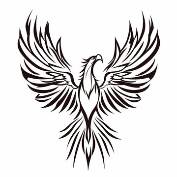 recommend clip art: A stylized illustration of a phoenix bird with its wings spread wide in a black and white line art design.