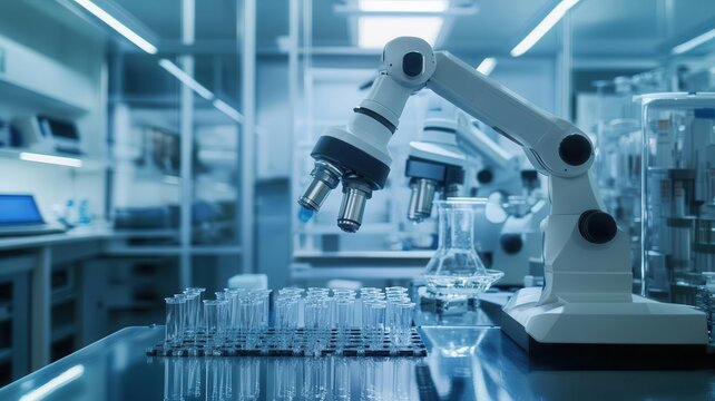 Biotechnology lab equipped with robotic systems for drug discovery and genetic research