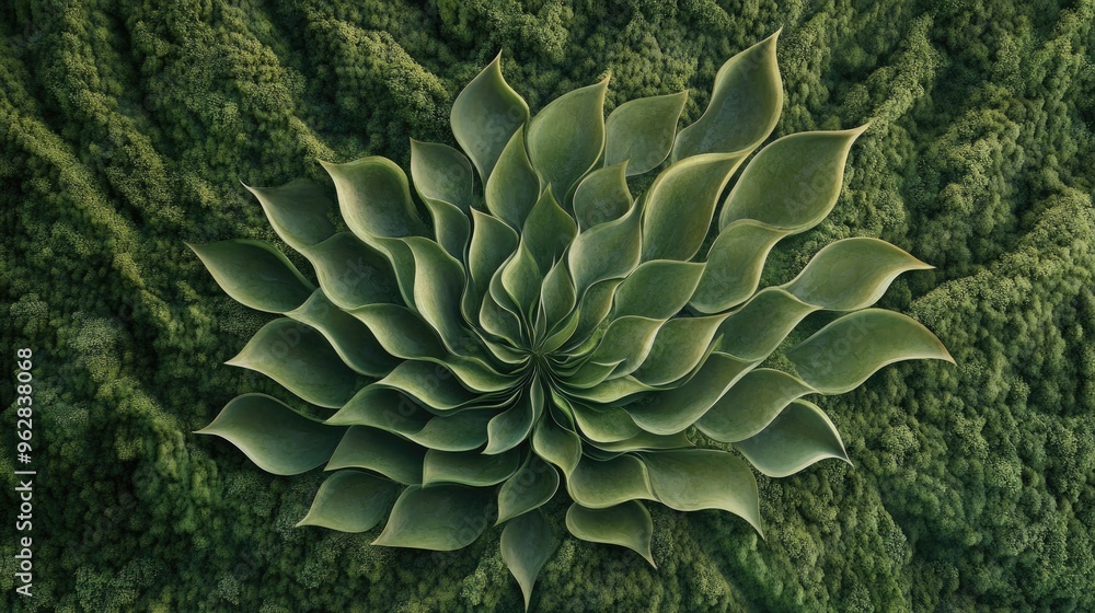 Poster dynamic abstract symbol of happiness, with natural patterns and lines, placed against a lush natural
