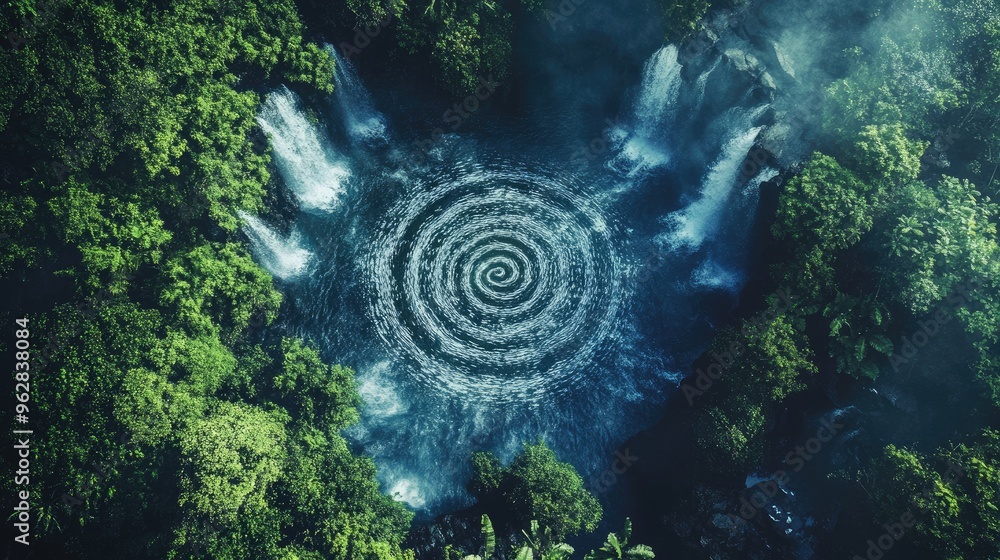 Poster dynamic abstract symbol of happiness, with natural patterns and lines, placed against a lush natural