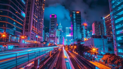 Obraz premium A futuristic cityscape at night, illuminated with neon lights, shows advanced urban development and smart city technology.