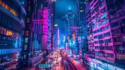 Obraz premium A futuristic cityscape at night, illuminated with neon lights, shows advanced urban development and smart city technology.