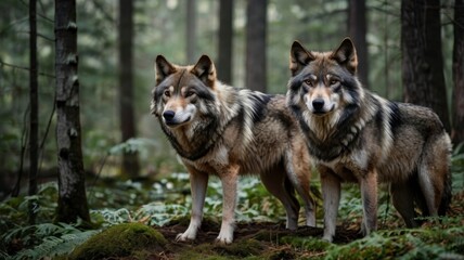 Obraz premium Wolves standing together in forest 