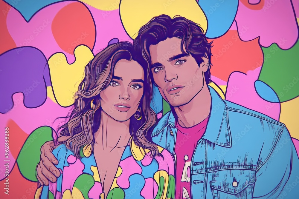 Aufkleber neural interfacing neural integration bright illustration of a couple in vibrant colors symbolizing 