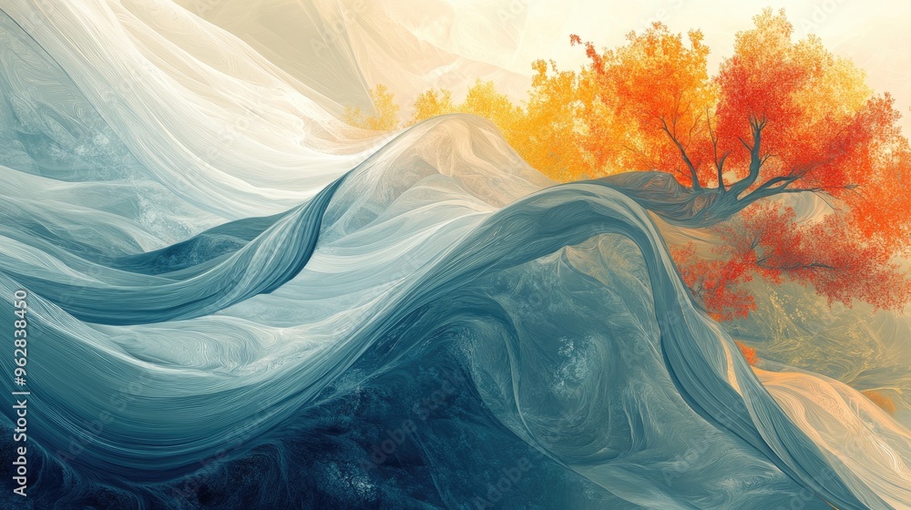 Poster flowing abstract design for relaxation and nature therapy, with dynamic patterns and natural element
