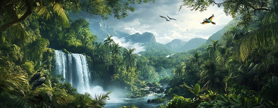 A stunning tropical landscape featuring a waterfall, lush greenery, and vibrant wildlife under a bright sky.