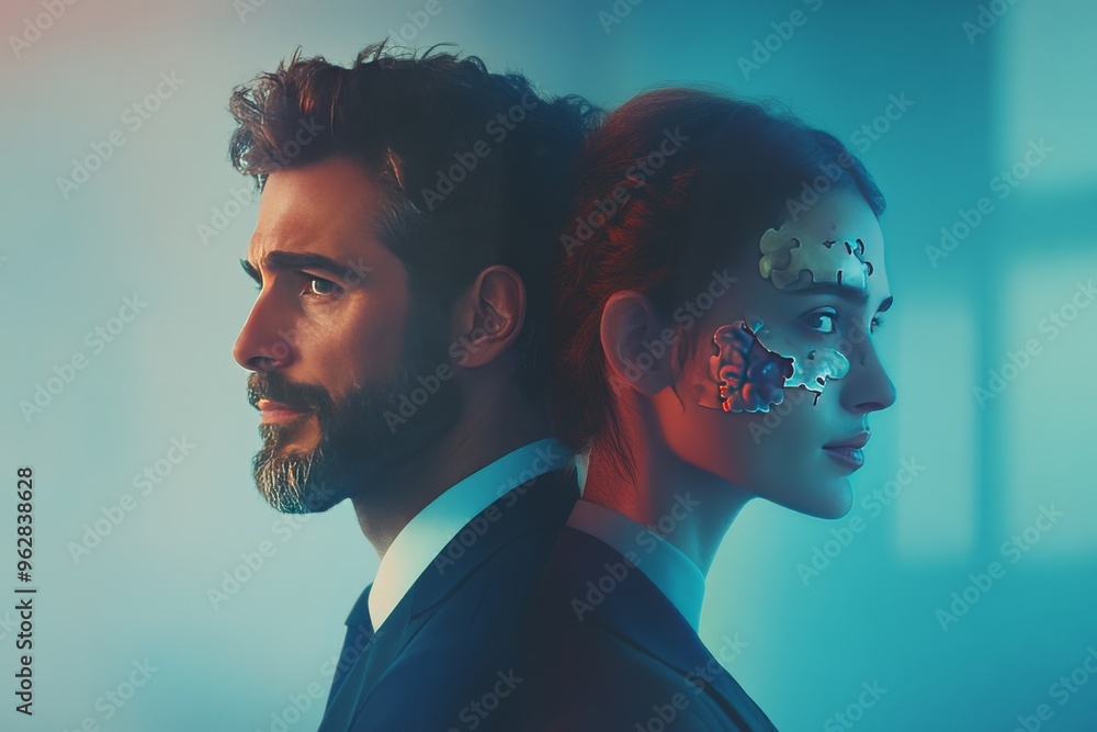 Poster neurointerface neural integration dramatic photograph of a couple in soft lighting with digital faci