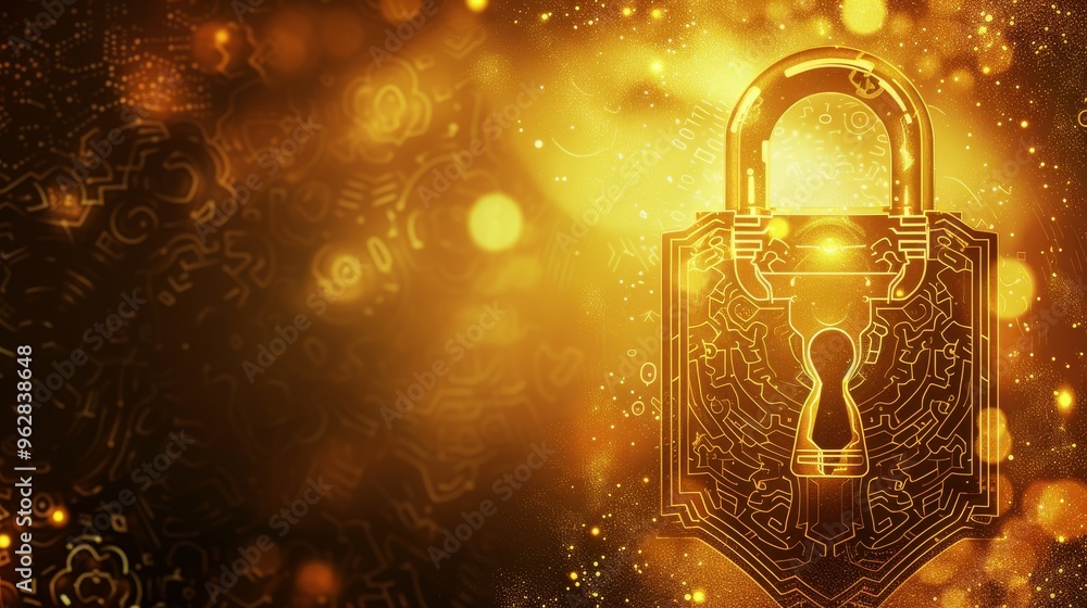Poster a striking image of a golden padlock adorned with intricate circuit patterns, glowing brilliantly ag