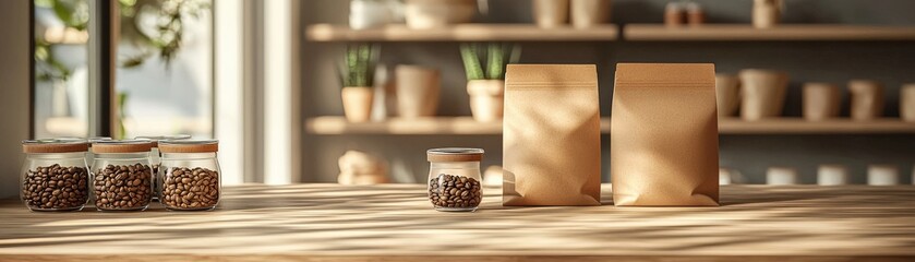 High-Detail 3D Eco-Friendly Coffee Packaging Scene, Capturing Natural Materials, Sustainable Design, and Eco-Conscious Branding