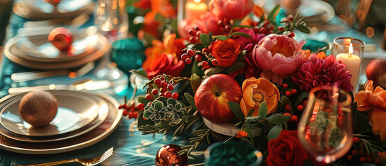 Naklejka premium Table set for a festive dinner with colorful decorations. Generative AI.