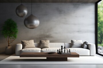 Minimalistic living room interior with wooden walls, wooden floor, white sofa and coffee table. 3d rendering
