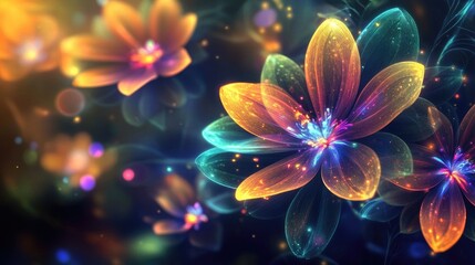 Fototapeta premium Mesmerizing glowing rainbow-colored abstract flowers, with luminous petals and radiant light effects on a dark, dreamlike backdrop