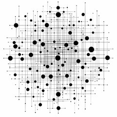 Abstract black and white graphic design with intersecting lines and dots.