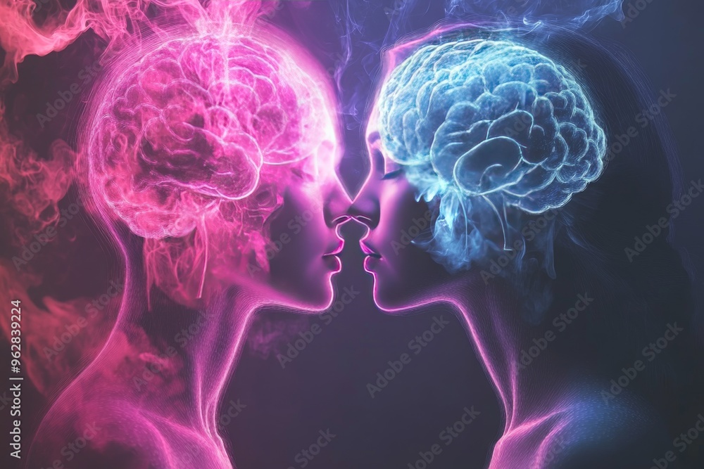 Aufkleber cognitive gear neural integration futuristic glowing pink and blue brains facing each other symboliz
