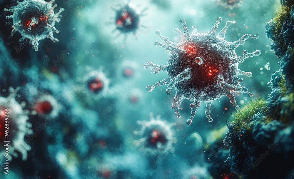Poster a close up of a bunch of viruses in a blue background. the viruses are all different sizes and shape
