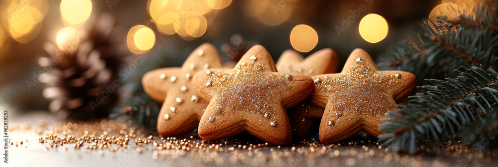 Poster a group of four star-shaped cookies with gold sprinkles on top. the cookies are arranged on a table 