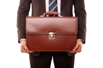 PNG cutout of businessman holding brown leather briefcase with financial documents on transparent background
