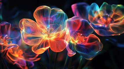 Obraz premium Radiant rainbow-colored abstract flowers, glowing with ethereal light effects on a dark backdrop, exuding dreamlike beauty