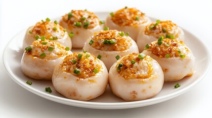 Closeup of eight round dumplings filled with a savory mixture and topped with green onions on a white plate.