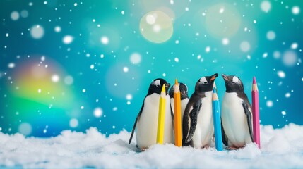 Obraz premium Four penguins standing on snow, each holding a vibrant colored pencil. The whimsical scene is set against a dreamy, bokeh-filled blue sky, creating a playful and imaginative atmosphere.