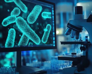 Microscope image of genetically engineered bacteria, displayed on a digital screen in a lab