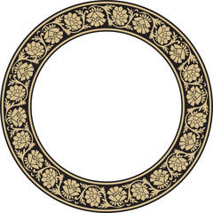 Vector round gold and black Indian national ornament. Ethnic plant circle, border. Frame, flower ring. Poppies and leaves