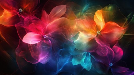 Vibrant abstract flowers with rainbow hues, glowing with ethereal light on a dark background, creating a dreamlike, radiant scene