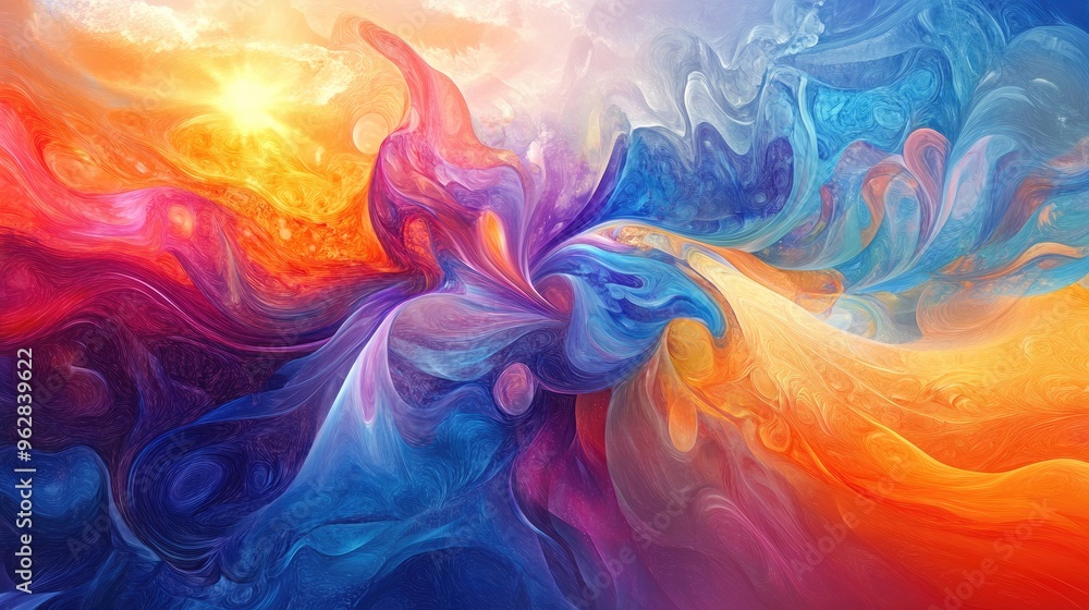 Poster vibrant abstract symbol of happiness and freedom, with dynamic flowing patterns set against a calmin